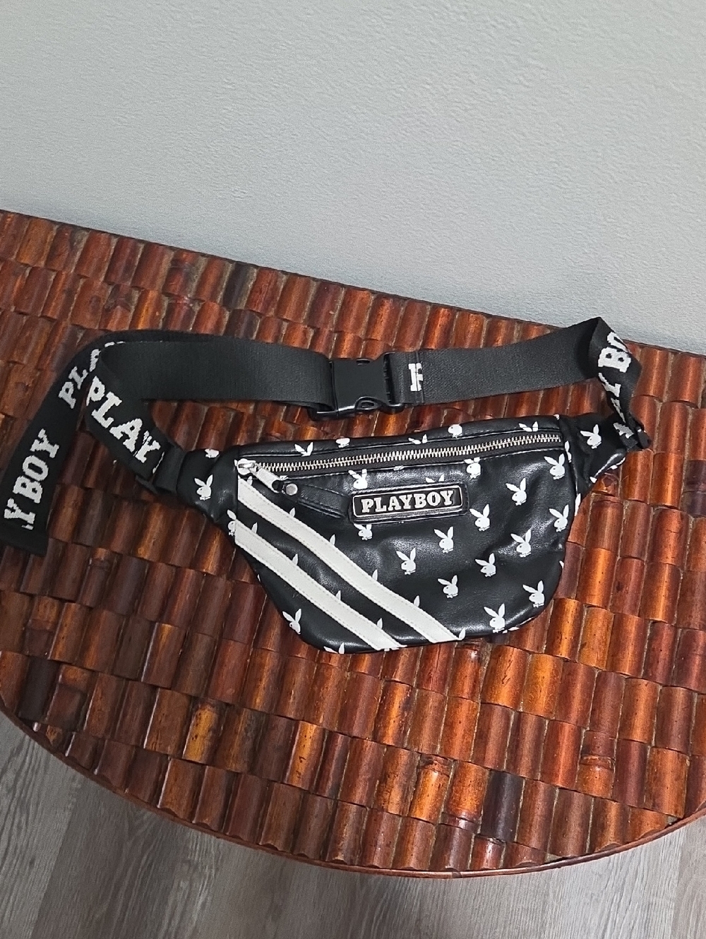 PLAYBOY Black Waist Bag with White Bunny Print Unisex